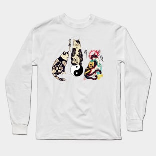 THREE JAPANESE CATS IN SKULL,SKELETON TATTOOS AND YIN YANG SYMBOL Long Sleeve T-Shirt